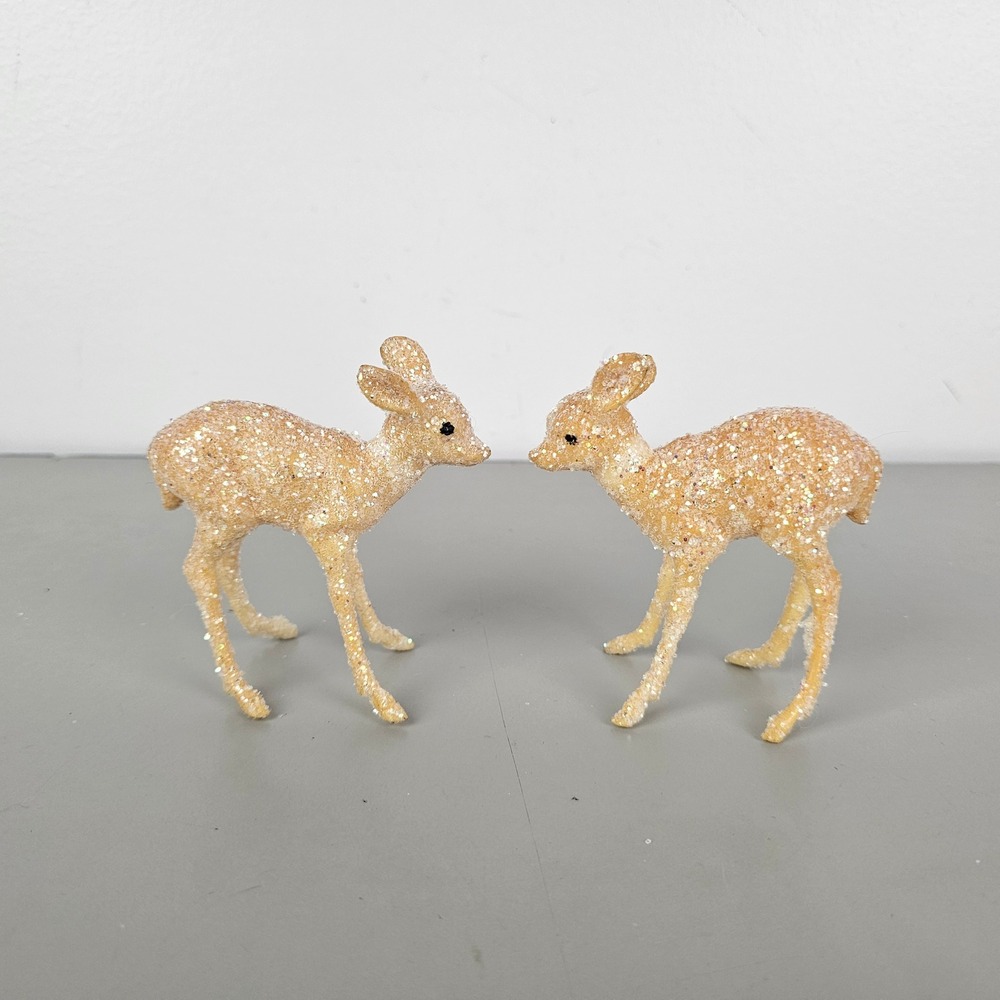 Vintage Style Glitter Deer Figurines Peach Fawn Christmas Decor Set of 2